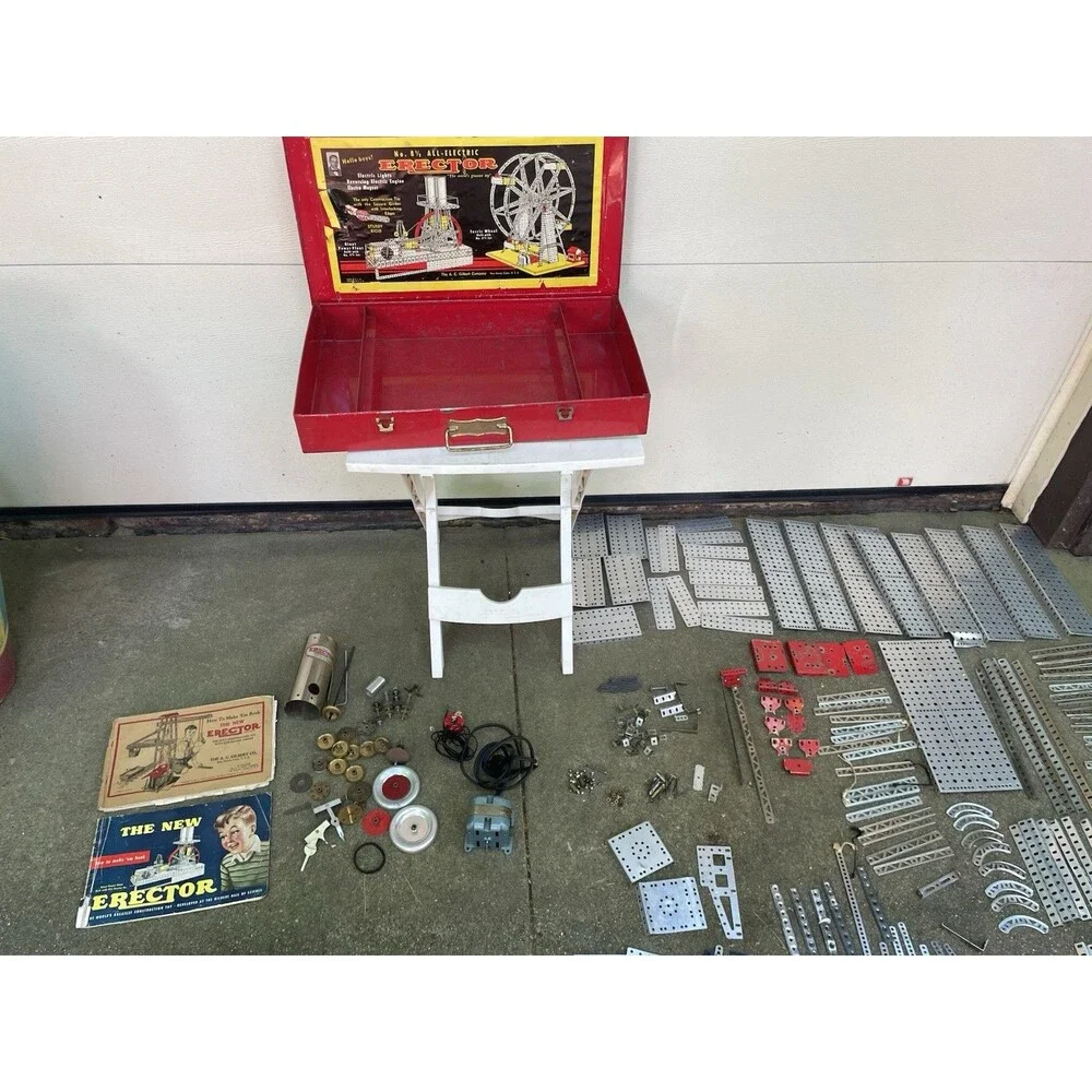 Vintage A.C. Gilbert Erector Set No 6-1/2 Lot w/ WORKING Motor 1938 Manual Box